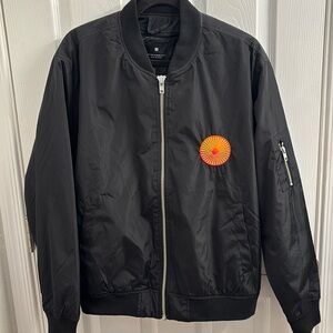 Men's Black 100% Recycled Polyester Bomber Jacket Sunburst Patch Size M New